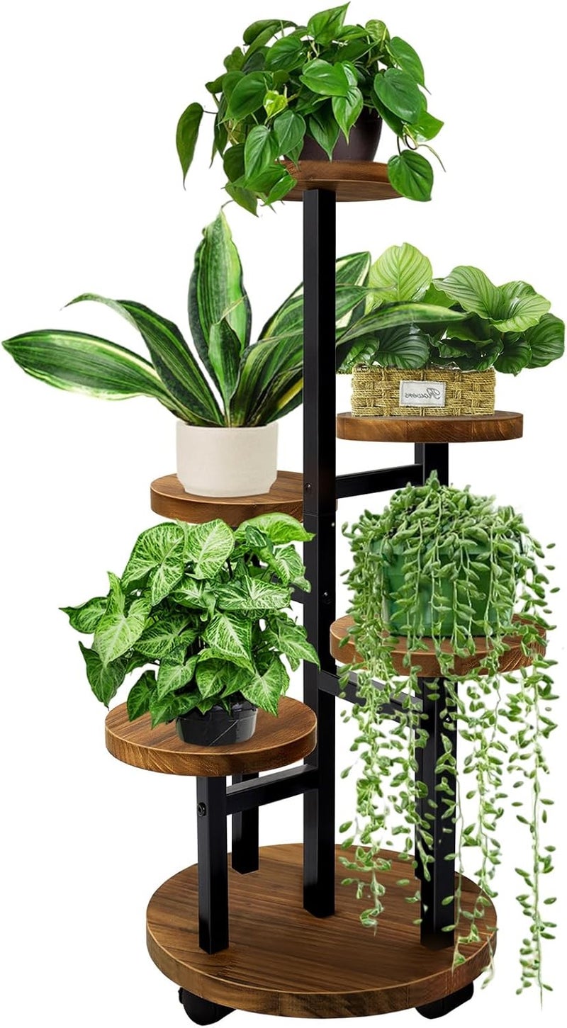 GEEBOBO 5 Tier Plant Stand With 4 Wheels, Metal Wood Tall Plant Stands For Indoor Plants Multiple, Corner Tiered Flower Plants Shelf Stand for Living Room Bedroom, Brown - Image 1